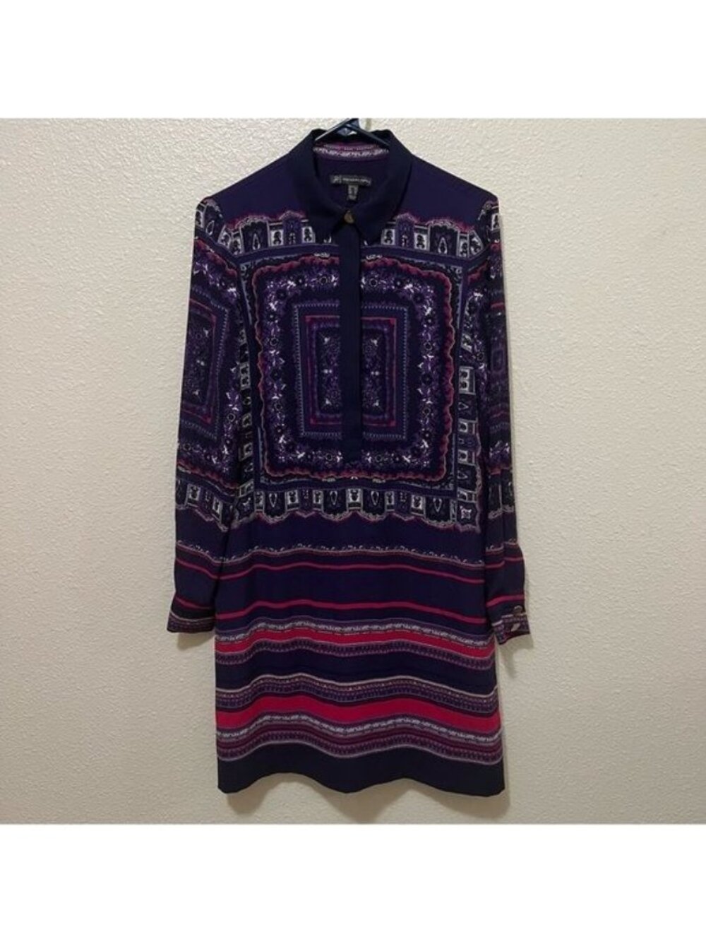 Adrianna Papell Purple & Pink Bold Pattern Long Sleeve Dress with Pockets Sz 8